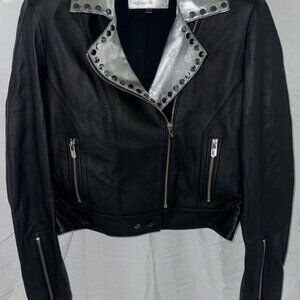 XS ❤️THE MIGHTY COMPANY Women's Black Lamb Leather Silver Metallic Biker JACKET